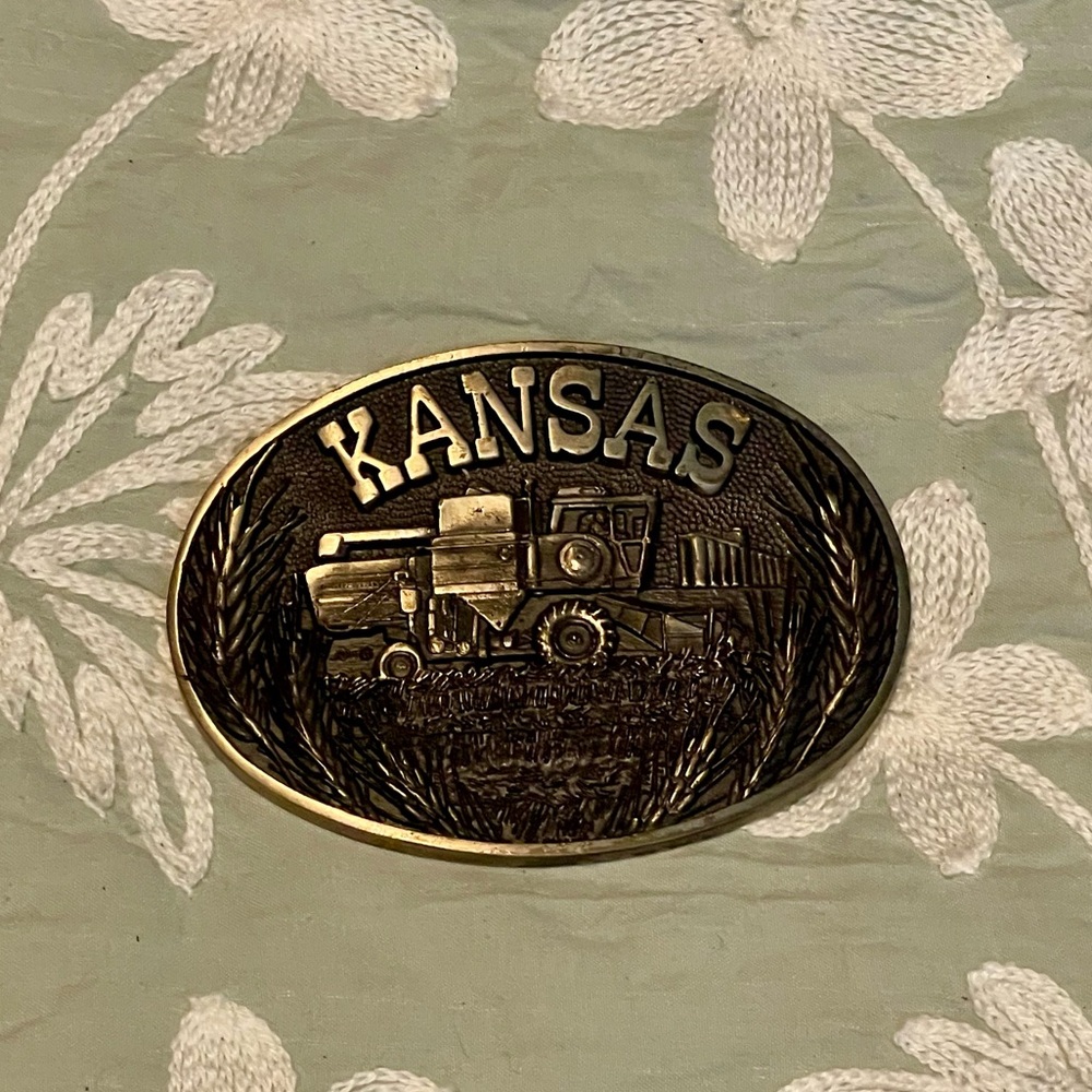 1984 Vintage Kansas Wheat Field Belt Buckle Solid Brass ADM Award Design Tractor